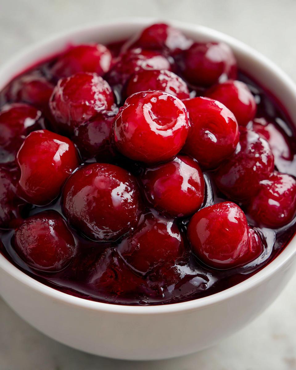 Close-up of glossy, whole cherries suspended in thick, dark red cherry pie filling inside a white bowl.