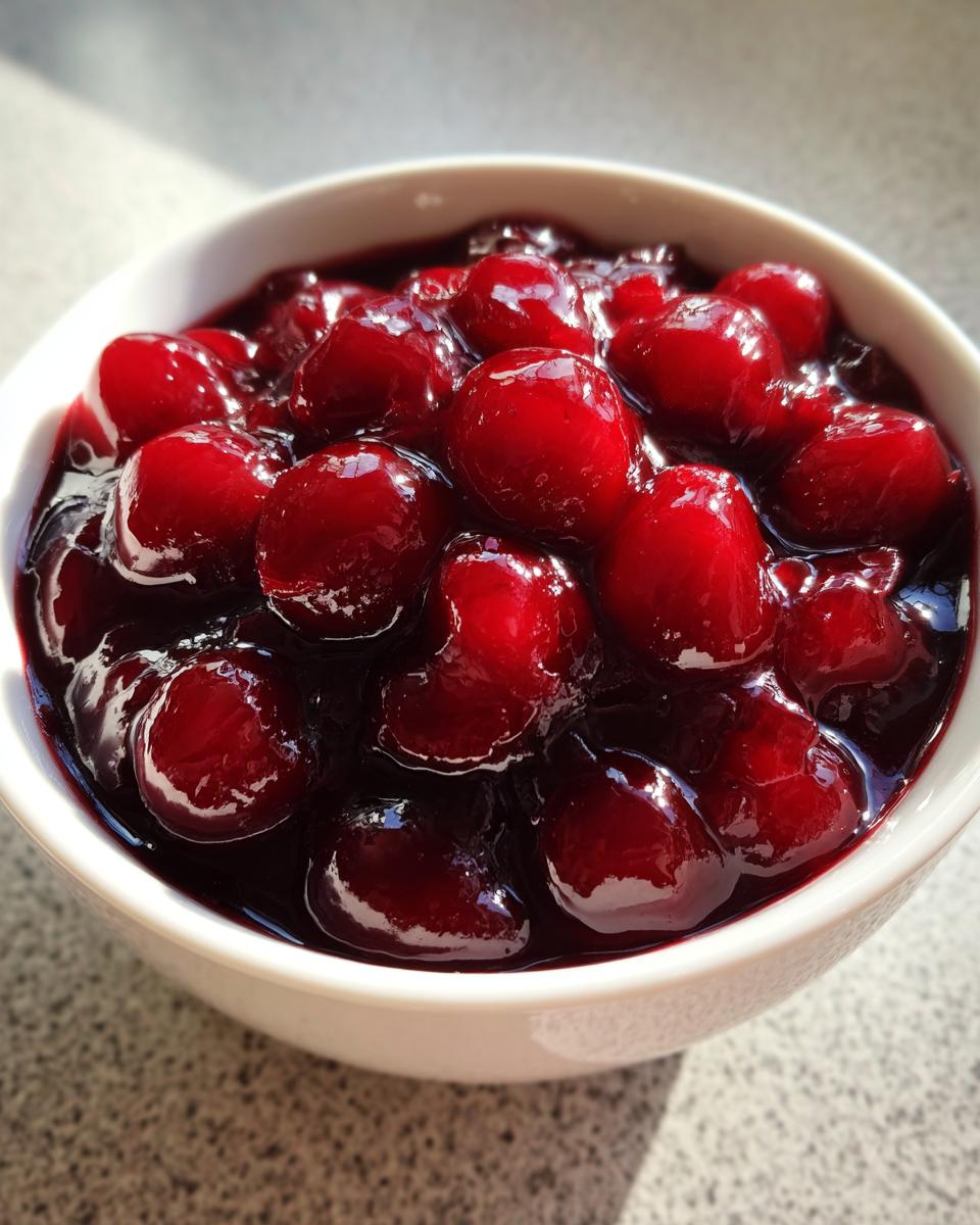 Close-up of glossy, thick cherry pie filling made with whole, bright red cherries in a white bowl.