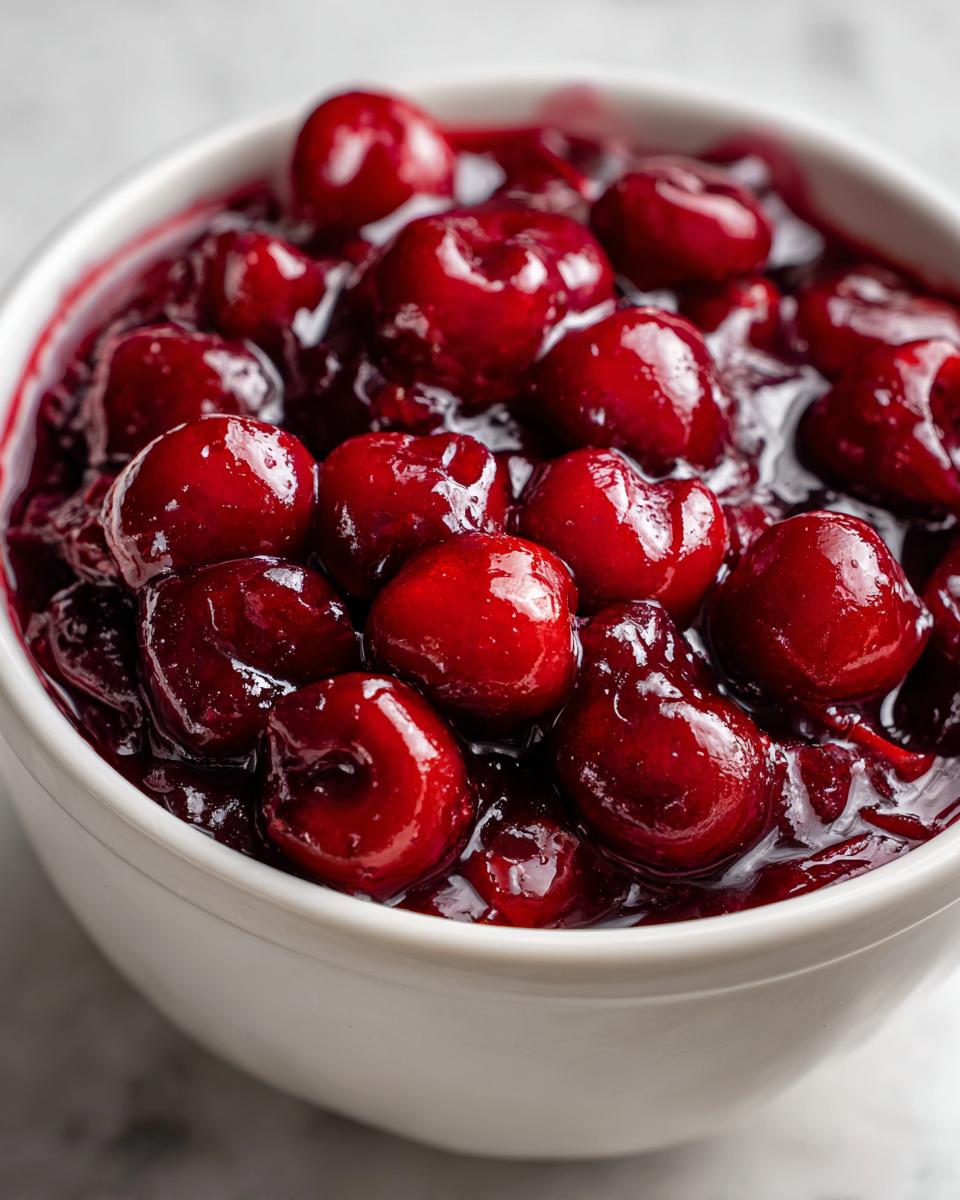 Close-up of thick cherry pie filling with whole, glossy cherries suspended in rich sauce inside a white bowl.