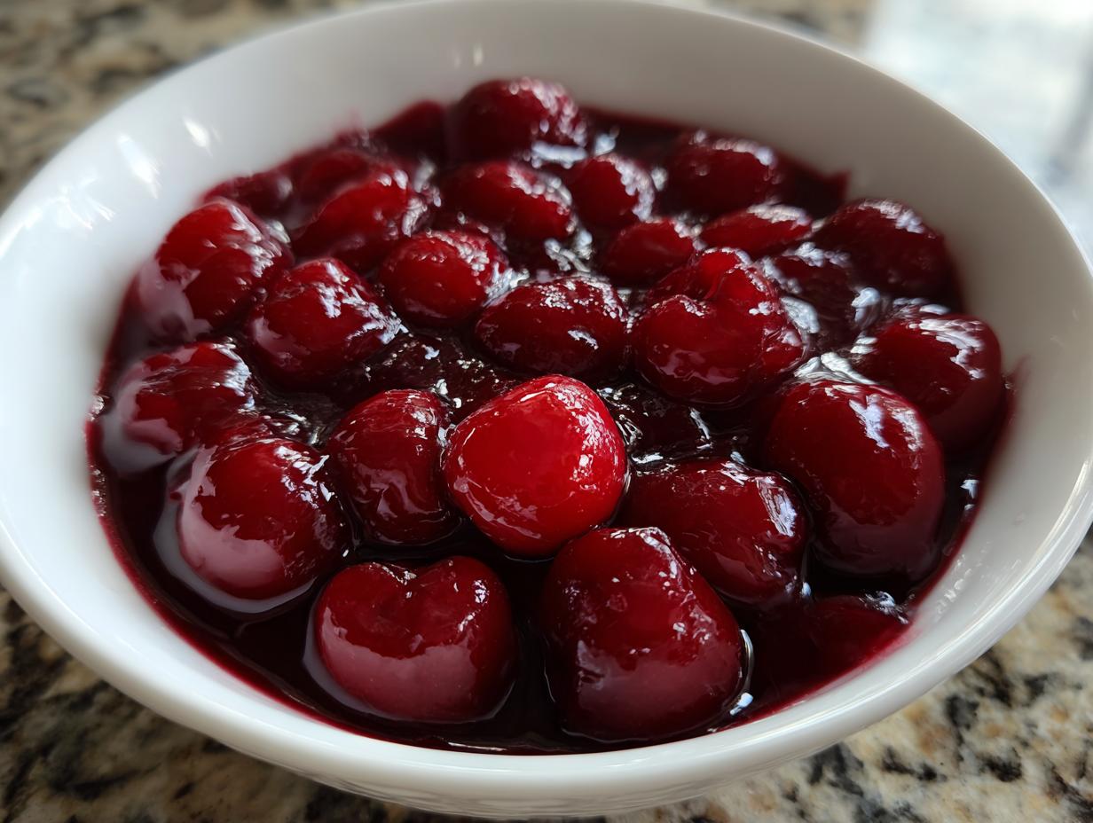 Close-up of thick cherry pie filling, featuring glossy, whole cherries suspended in rich, dark red sauce.