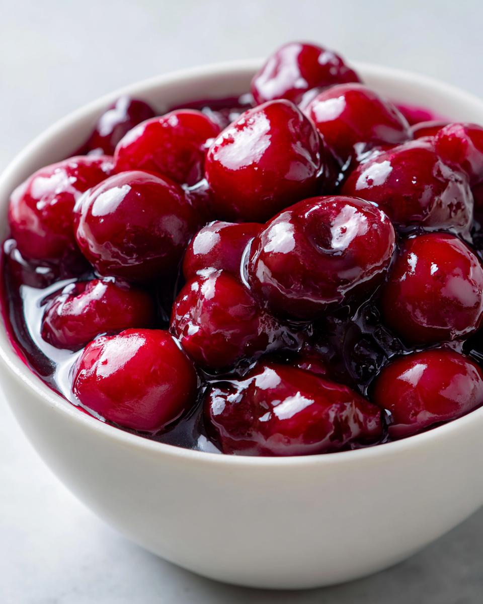 Close-up of glossy, deep red cherries suspended in thick, dark sauce, representing homemade cherry pie filling.