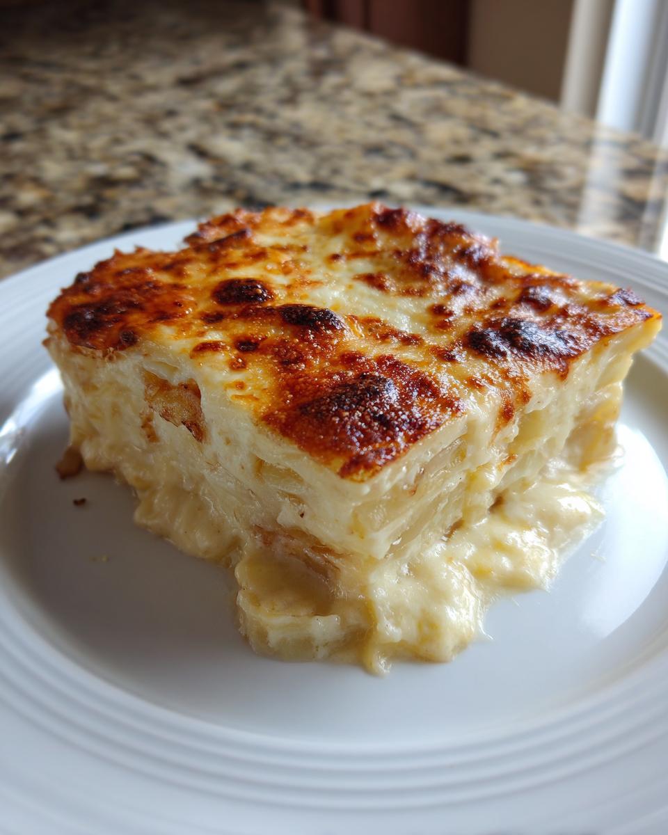 A square serving of ultimate scalloped potatoes with a golden-brown, cheesy crust, oozing creamy sauce.