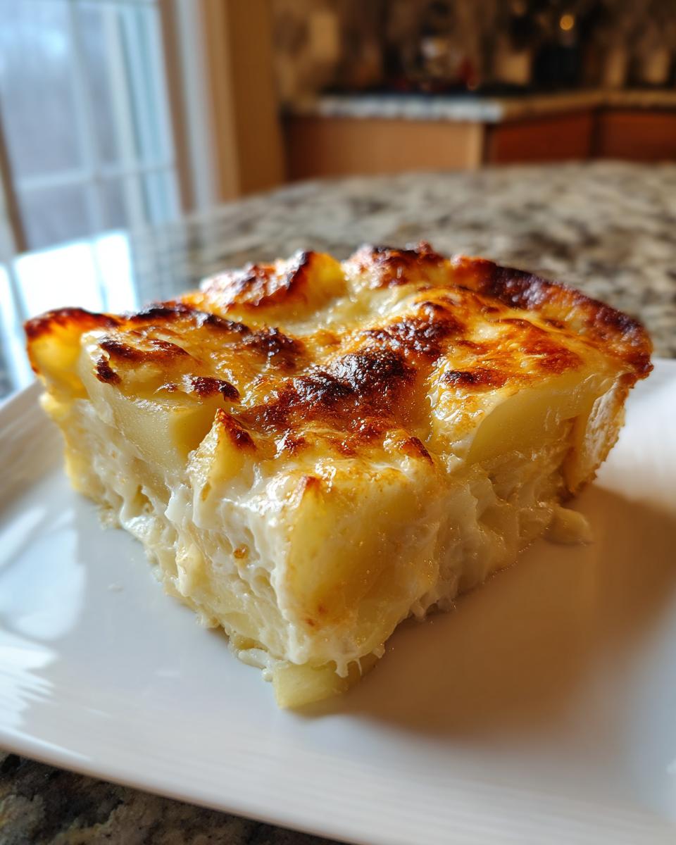 A perfect square serving of ultimate scalloped potatoes with a golden-brown, cheesy crust.