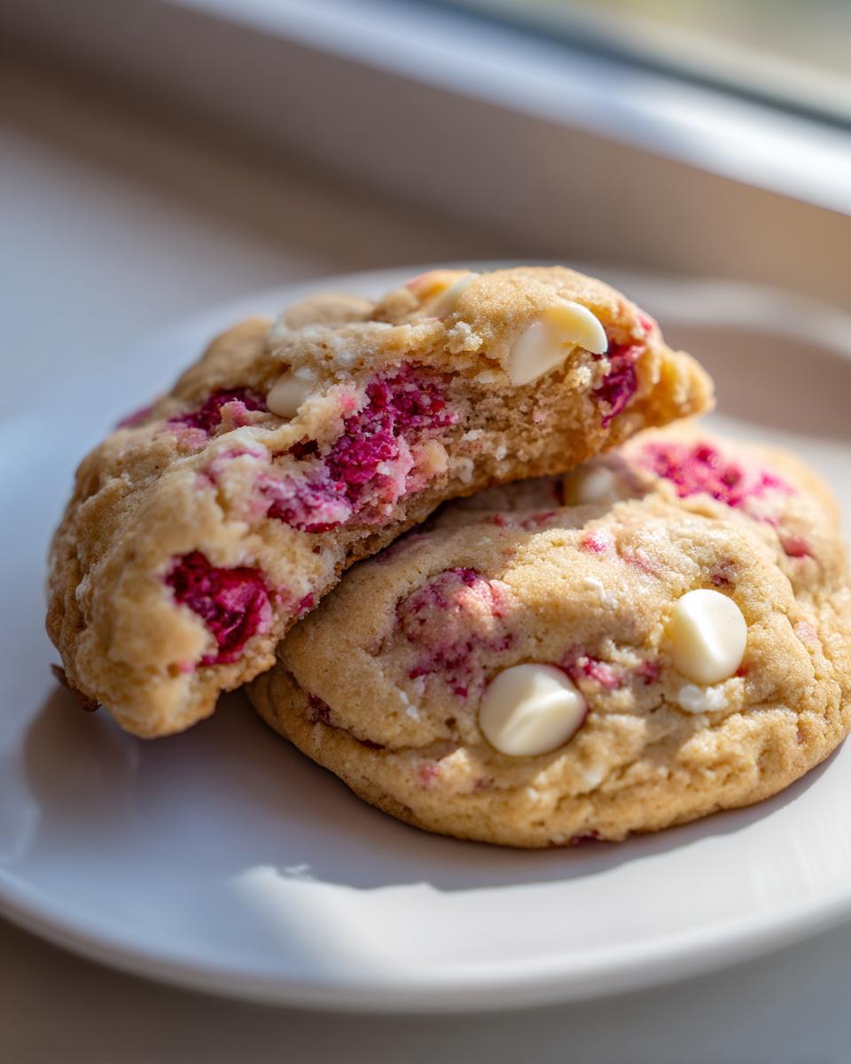 Two chewy white chocolate raspberry cookies on a white plate, one broken in half showing the bright pink raspberry filling.