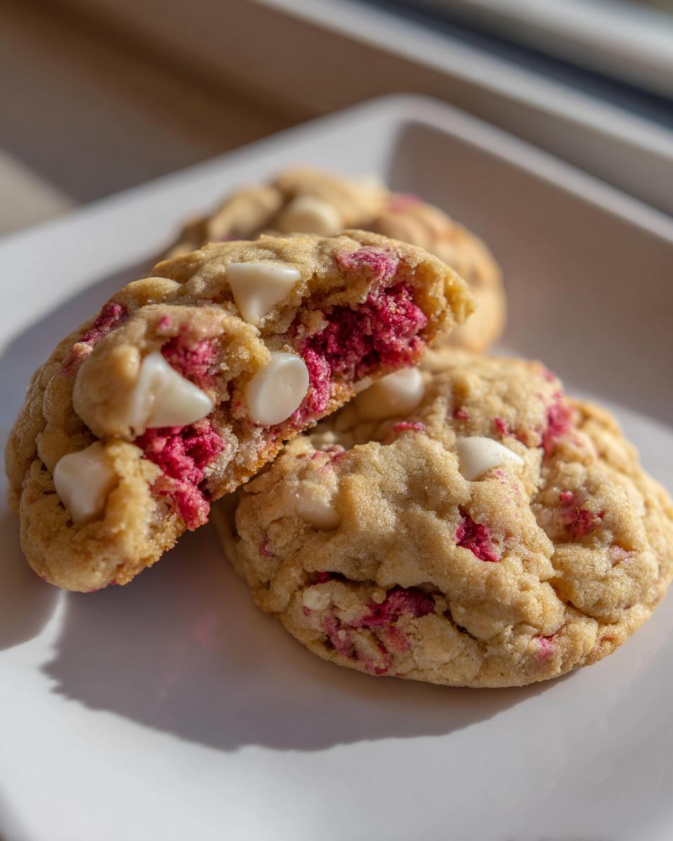 A close-up of soft white chocolate raspberry cookies, one broken in half showing the pink raspberry filling and white chocolate chips.