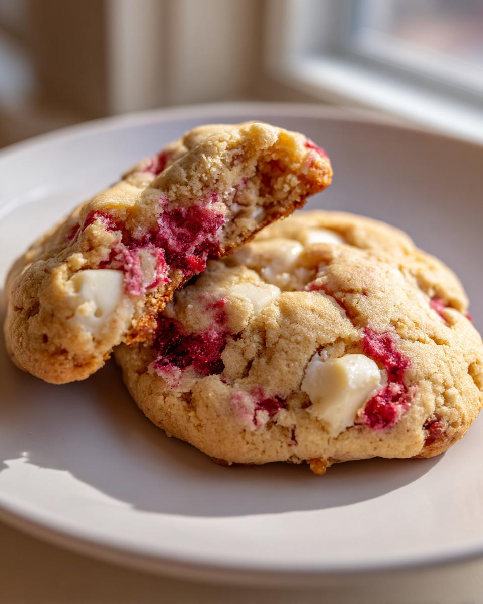 A close-up of two white chocolate raspberry cookies, one broken in half to show the soft interior with bright red raspberries and white chocolate chunks.