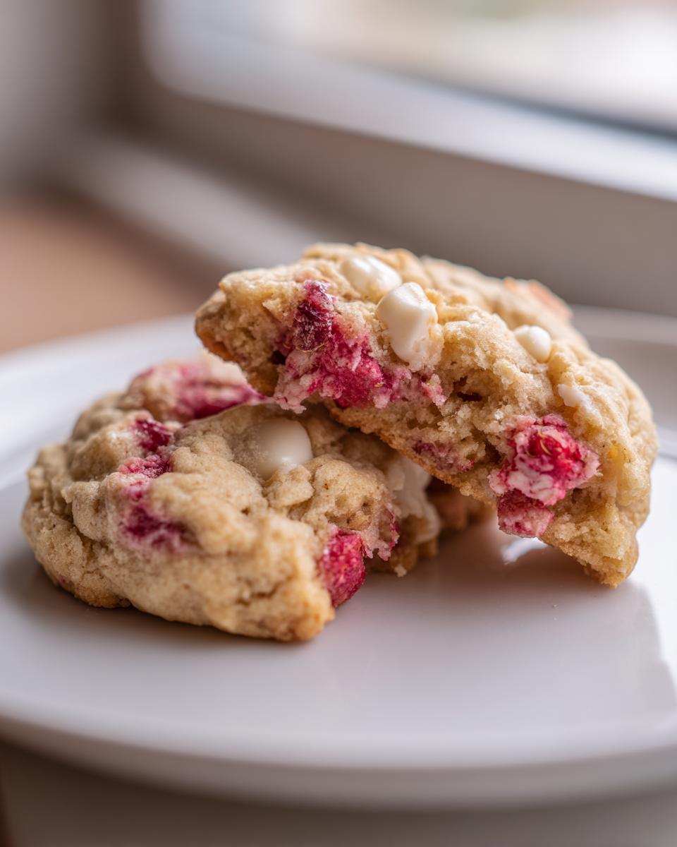 Two soft white chocolate raspberry cookies, one broken in half showing the gooey interior with white chips and pink raspberry pieces.
