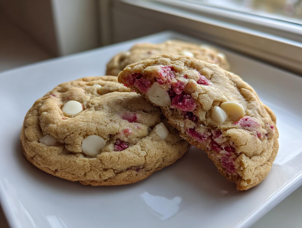 Close-up of soft white chocolate raspberry cookies, one broken in half showing the gooey interior.