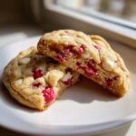 A white chocolate raspberry cookie broken in half showing the soft, chewy interior packed with raspberries and white chocolate chips.
