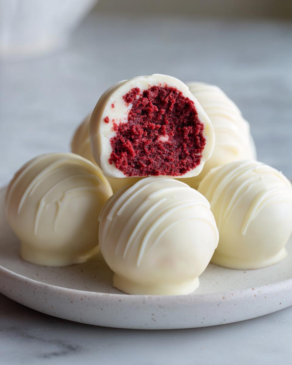 A stack of white chocolate coated red velvet cake balls, with one cut in half showing the vibrant red interior.