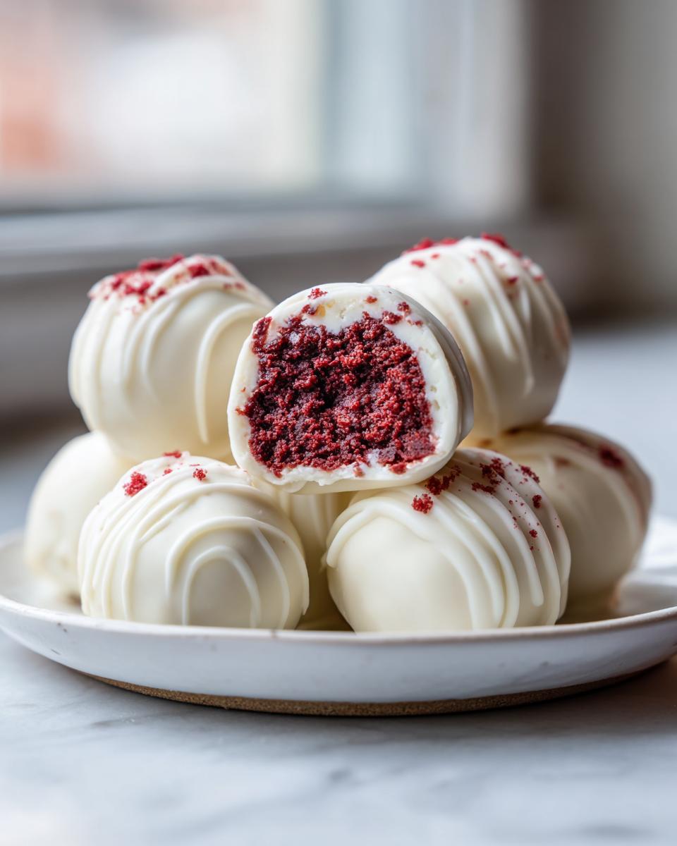 A stack of white chocolate covered red velvet cake balls, one cut open revealing the deep red interior.