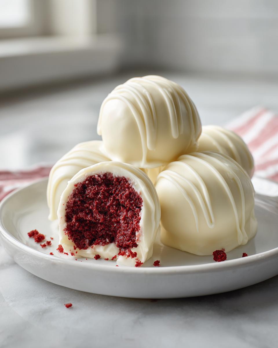 A stack of white chocolate-covered red velvet cake balls, one bitten to show the rich red interior.