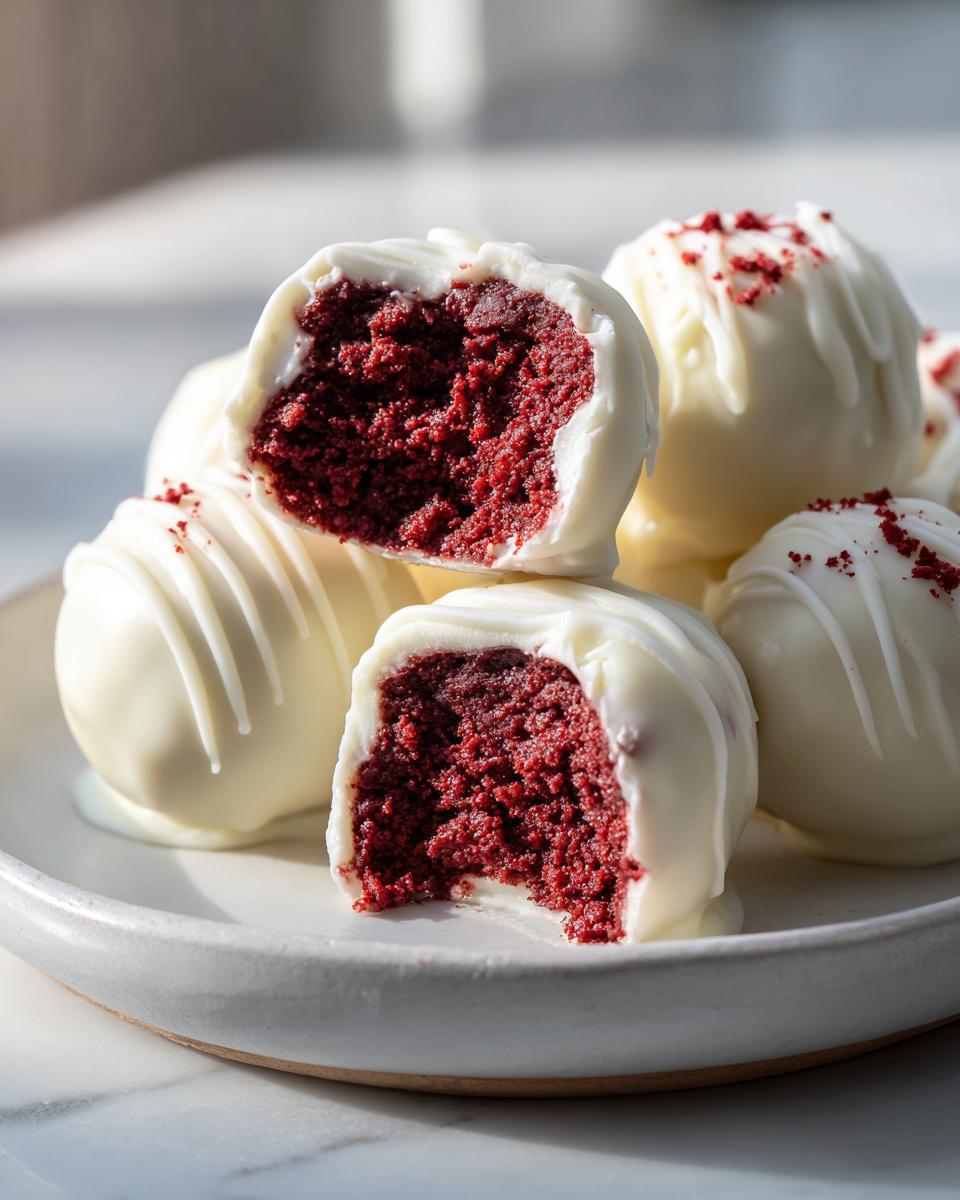 Close-up of white chocolate covered red velvet cake balls, one is bitten into showing the deep red interior.